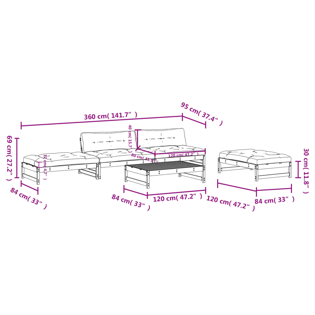 5pcs conjunto lounge jardim com almofadões madeira maciça cinza