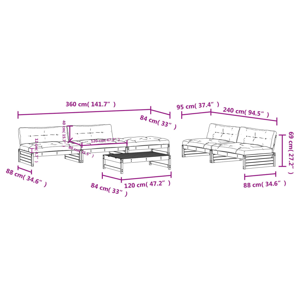 6 pcs conjunto lounge jardim com almofadões madeira maciça