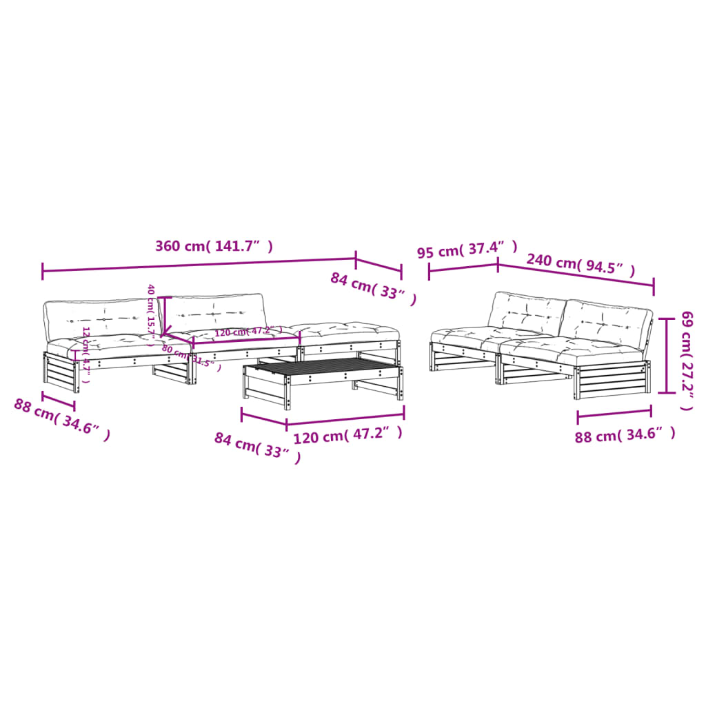 6 pcs conjunto lounge jardim c/ almofadões madeira maciça cinza