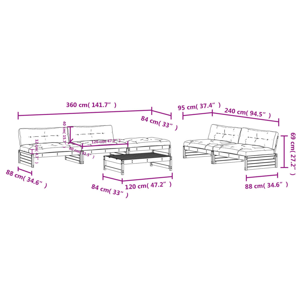 6pcs conjunto lounge jardim c/ almofadões madeira maciça preto