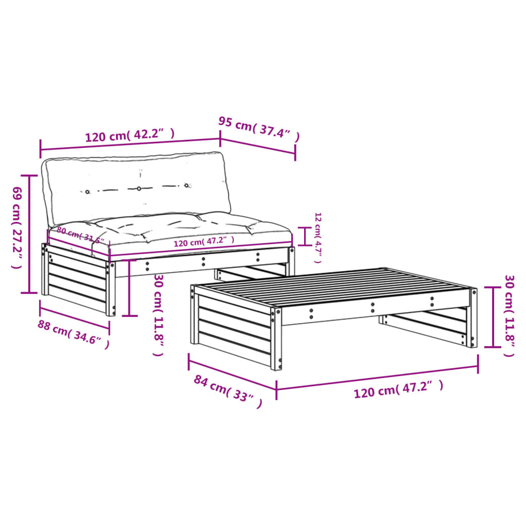 2pcs conj. lounge jardim+almofadões madeira maciça castanho-mel