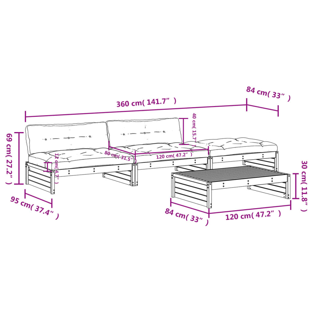 4pcs conjunto lounge jardim c/ almofadões madeira maciça preto