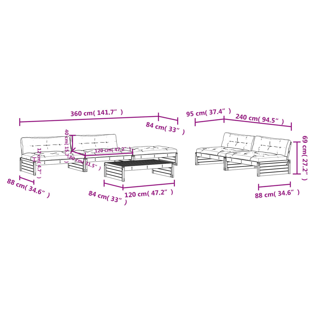 6 pcs conjunto lounge jardim c/ almofadões madeira maciça cinza