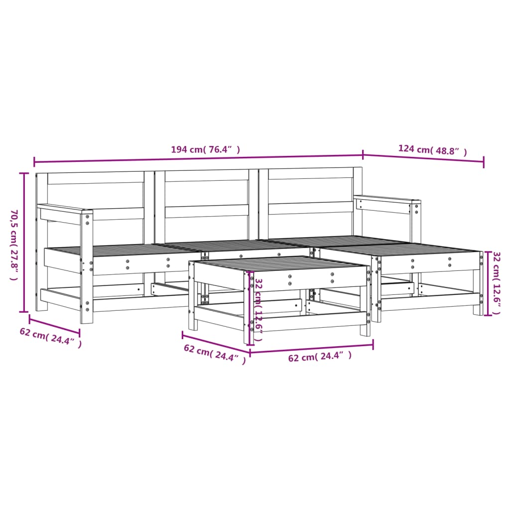 5 pcs conjunto lounge de jardim madeira de pinho maciça