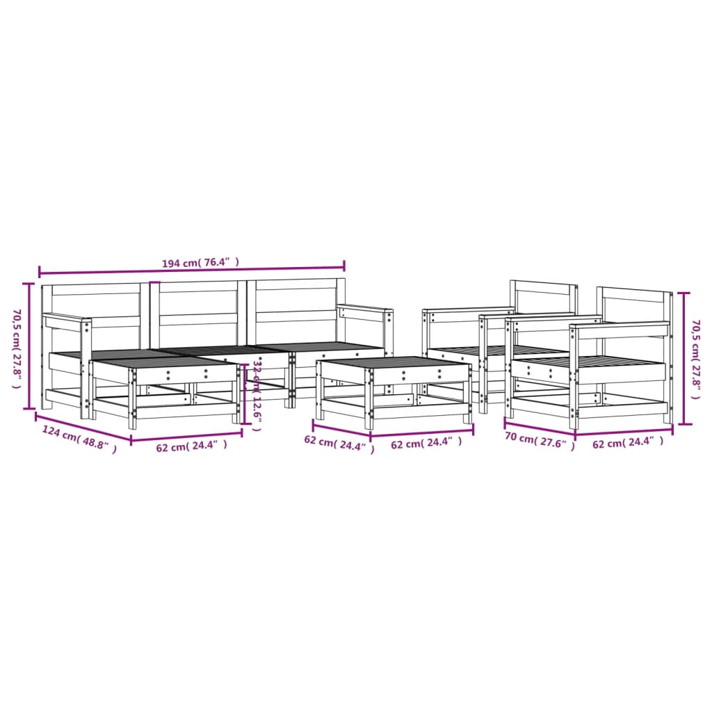 7 pcs conjunto lounge de jardim pinho maciço