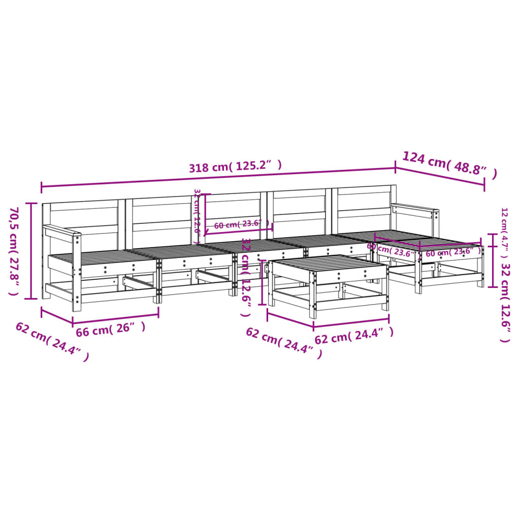 7 pcs conjunto lounge de jardim pinho maciço