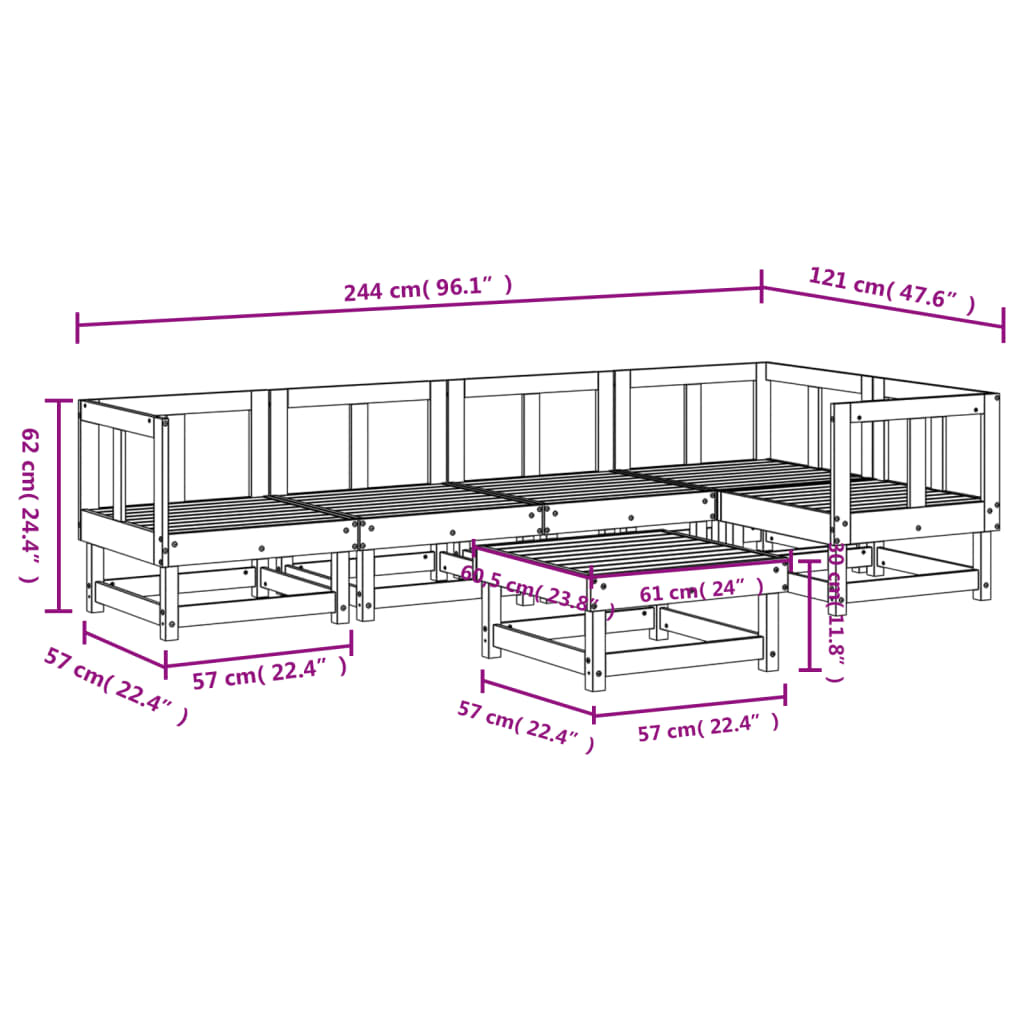 6 pcs conjunto lounge de jardim pinho maciço branco