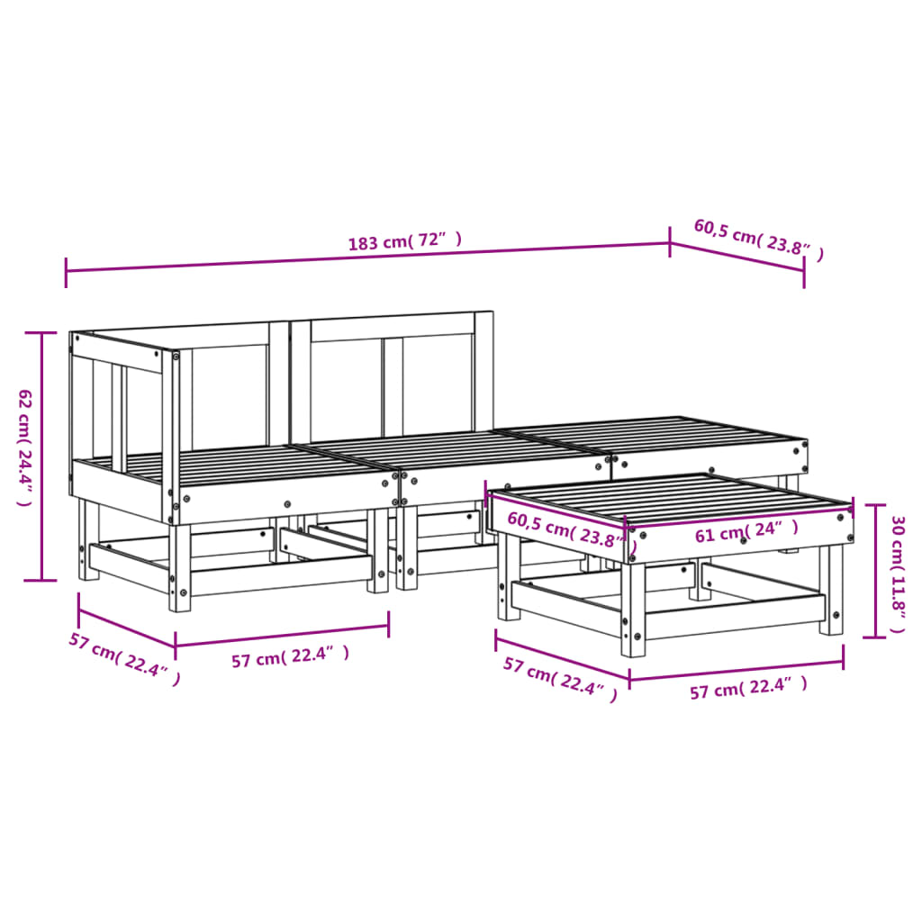 4 pcs conjunto lounge de jardim madeira de pinho maciça branco