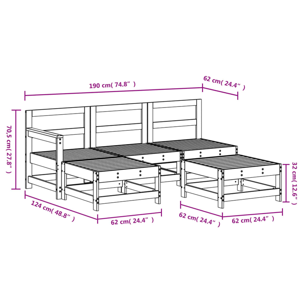 5 pcs conjunto lounge de jardim madeira de pinho maciça