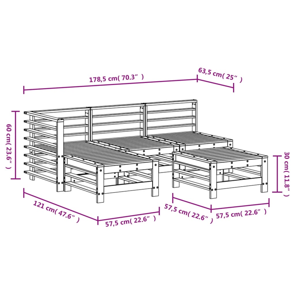 5 pcs conjunto lounge de jardim madeira de pinho maciça