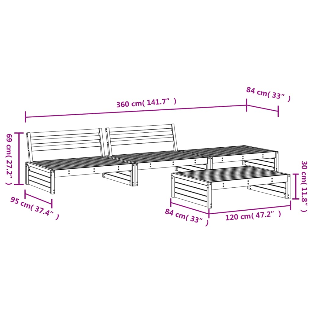 4 pcs conjunto lounge de jardim madeira de pinho maciça cinza