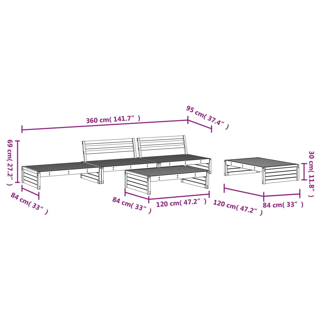 5 pcs conjunto lounge de jardim madeira de pinho maciça