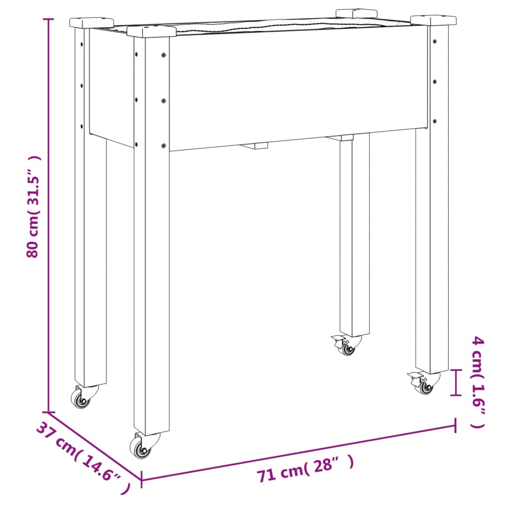 Floreira c/ forro e rodas 71x37x80 cm abeto maciço cinzento