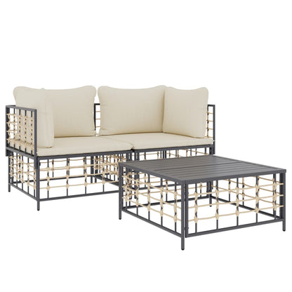 3 pcs conjunto lounge de jardim c/ almofadões vime PE antracite