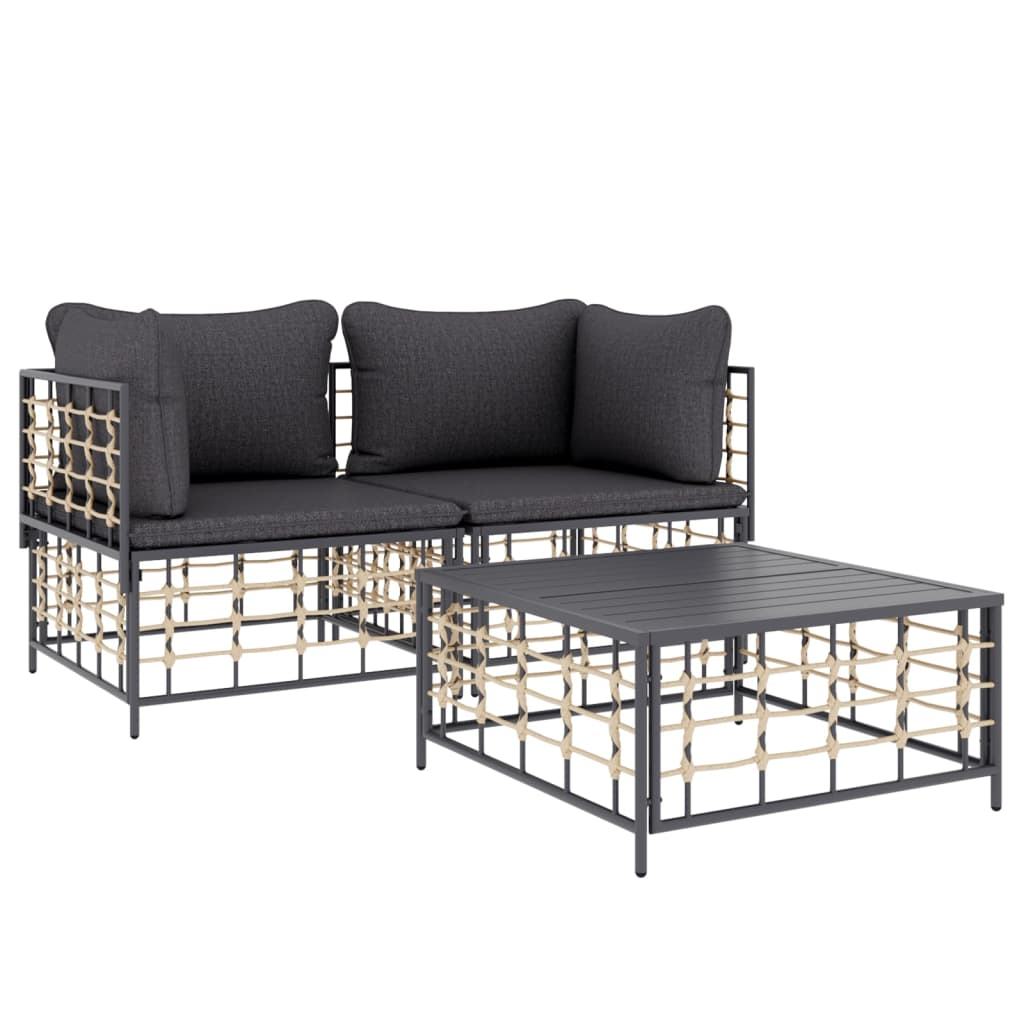 3 pcs conjunto lounge de jardim c/ almofadões vime PE antracite