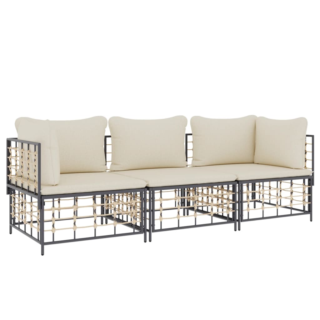 3 pcs conjunto lounge de jardim c/ almofadões vime PE antracite