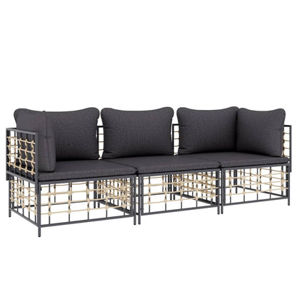 3 pcs conjunto lounge de jardim c/ almofadões vime PE antracite