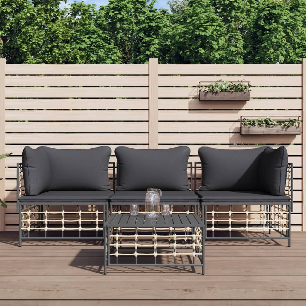 4 pcs conjunto lounge de jardim c/ almofadões vime PE antracite