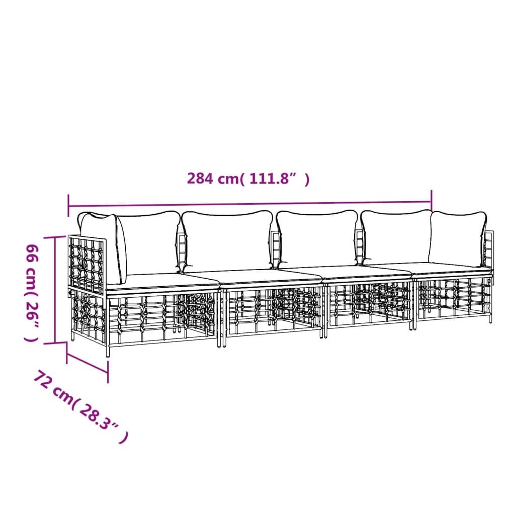 4 pcs conjunto lounge de jardim c/ almofadões vime PE antracite