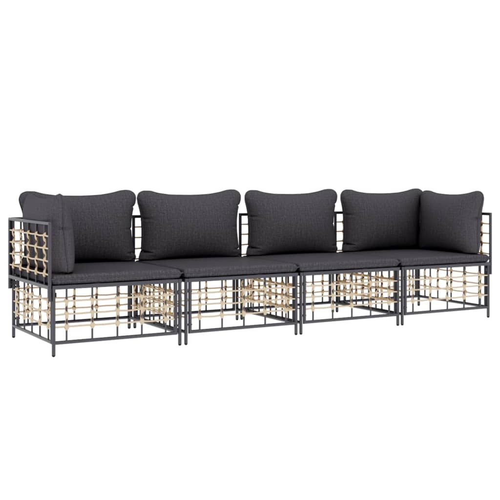 4 pcs conjunto lounge de jardim c/ almofadões vime PE antracite