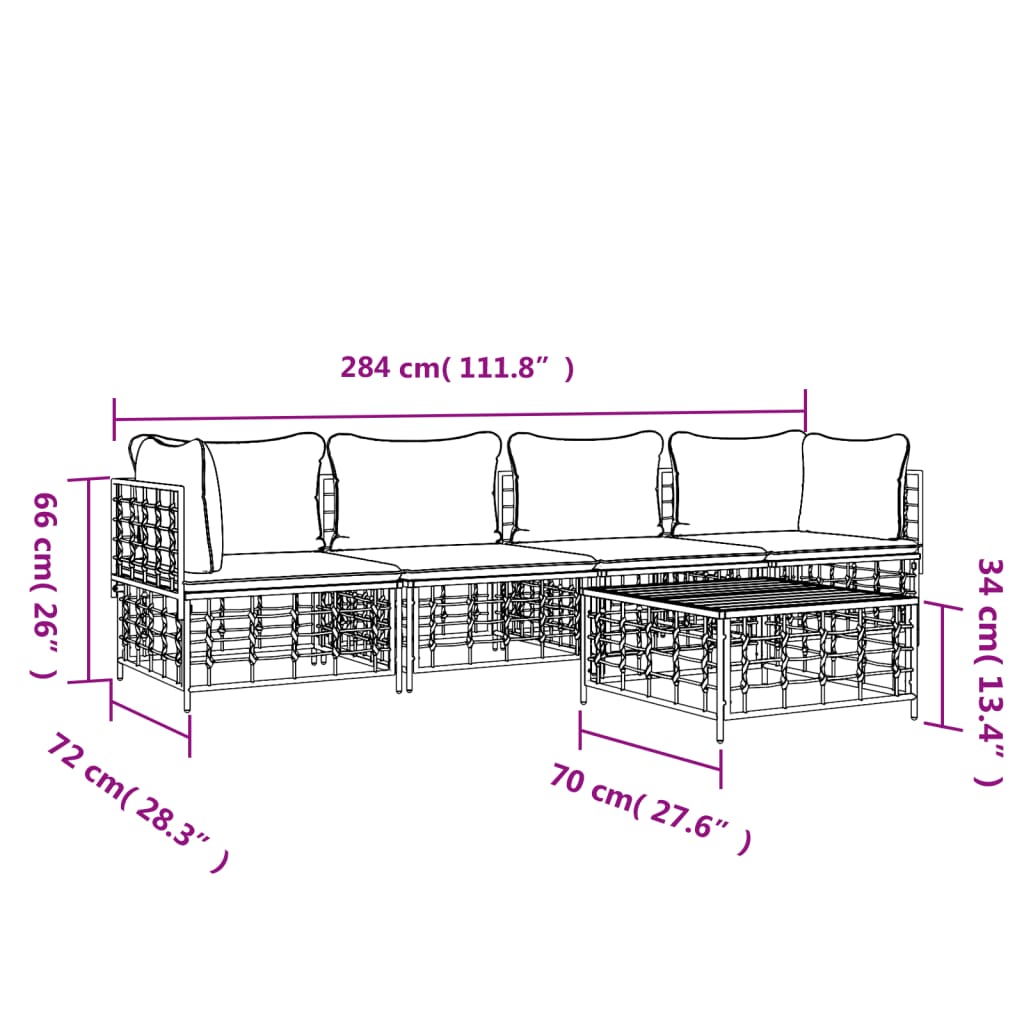 5 pcs conjunto lounge de jardim c/ almofadões vime PE antracite