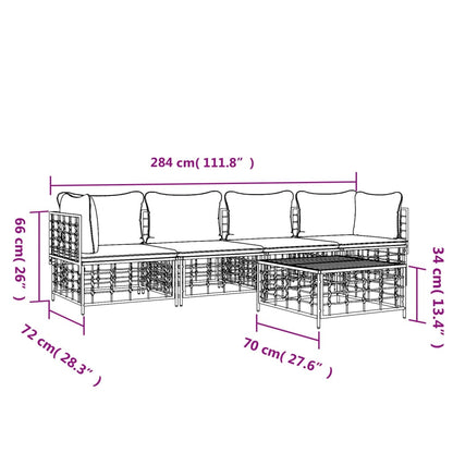 5 pcs conjunto lounge de jardim c/ almofadões vime PE antracite