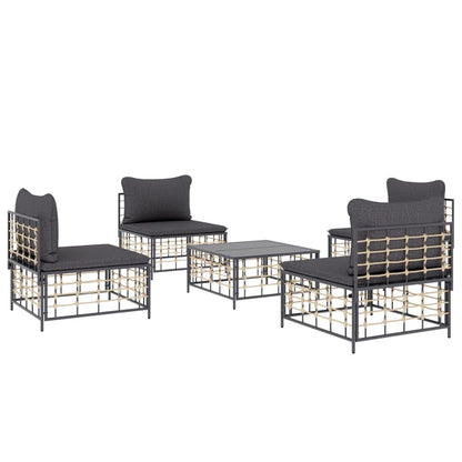 5 pcs conjunto lounge de jardim c/ almofadões vime PE antracite