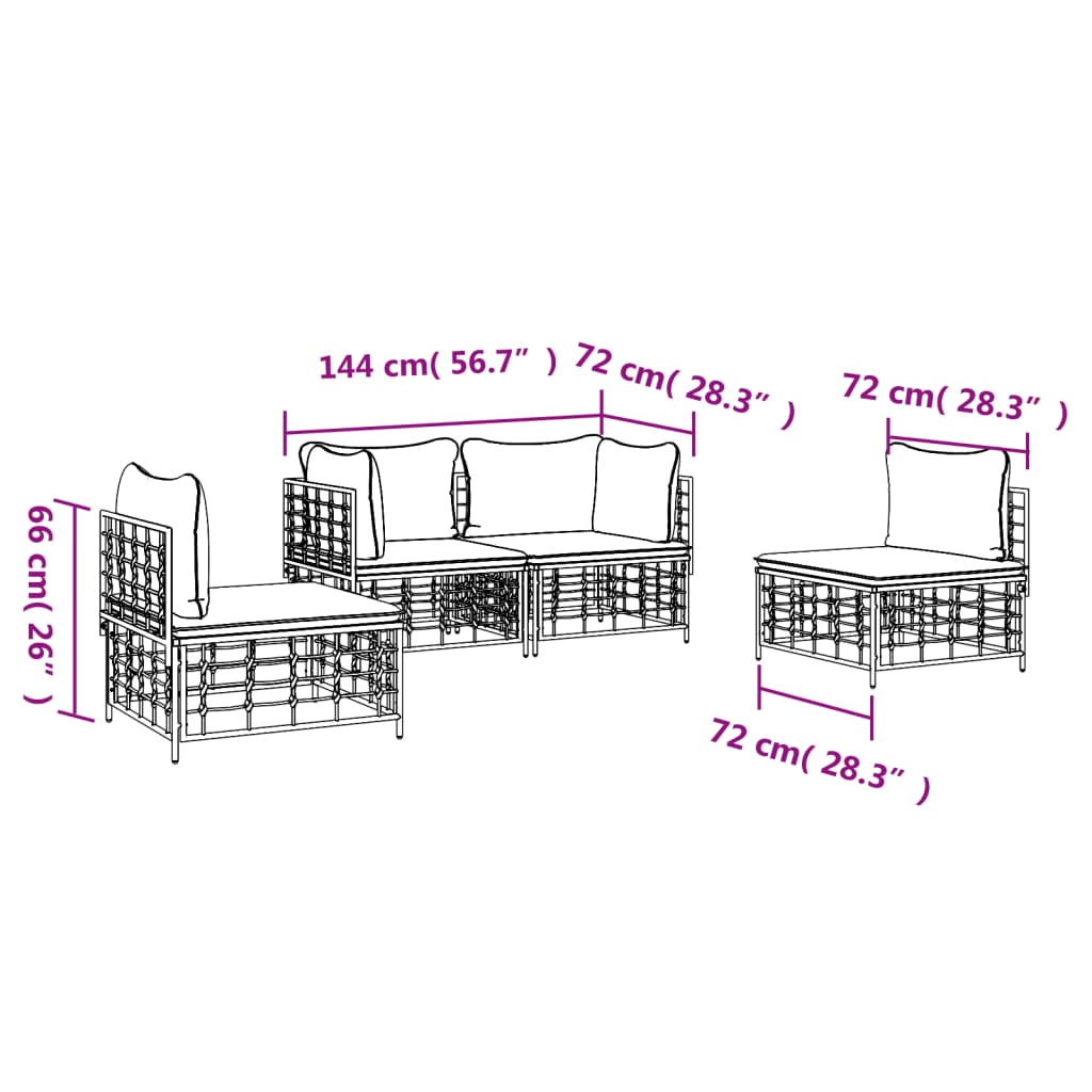 4 pcs conjunto lounge de jardim c/ almofadões vime PE antracite