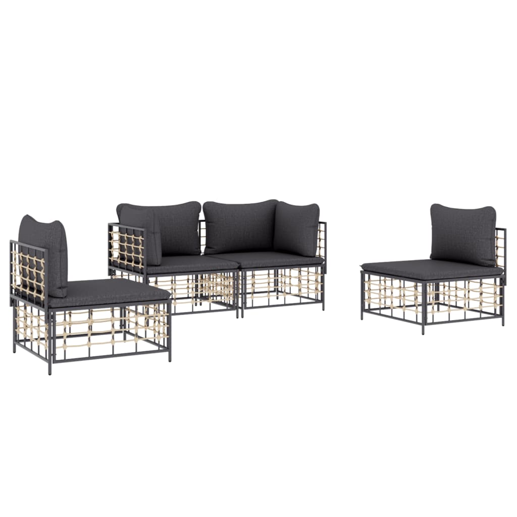 4 pcs conjunto lounge de jardim c/ almofadões vime PE antracite