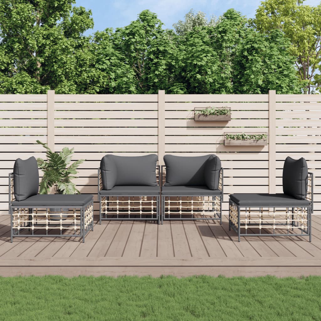 4 pcs conjunto lounge de jardim c/ almofadões vime PE antracite