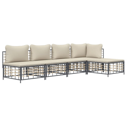 5 pcs conjunto lounge de jardim c/ almofadões vime PE antracite