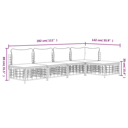 5 pcs conjunto lounge de jardim c/ almofadões vime PE antracite