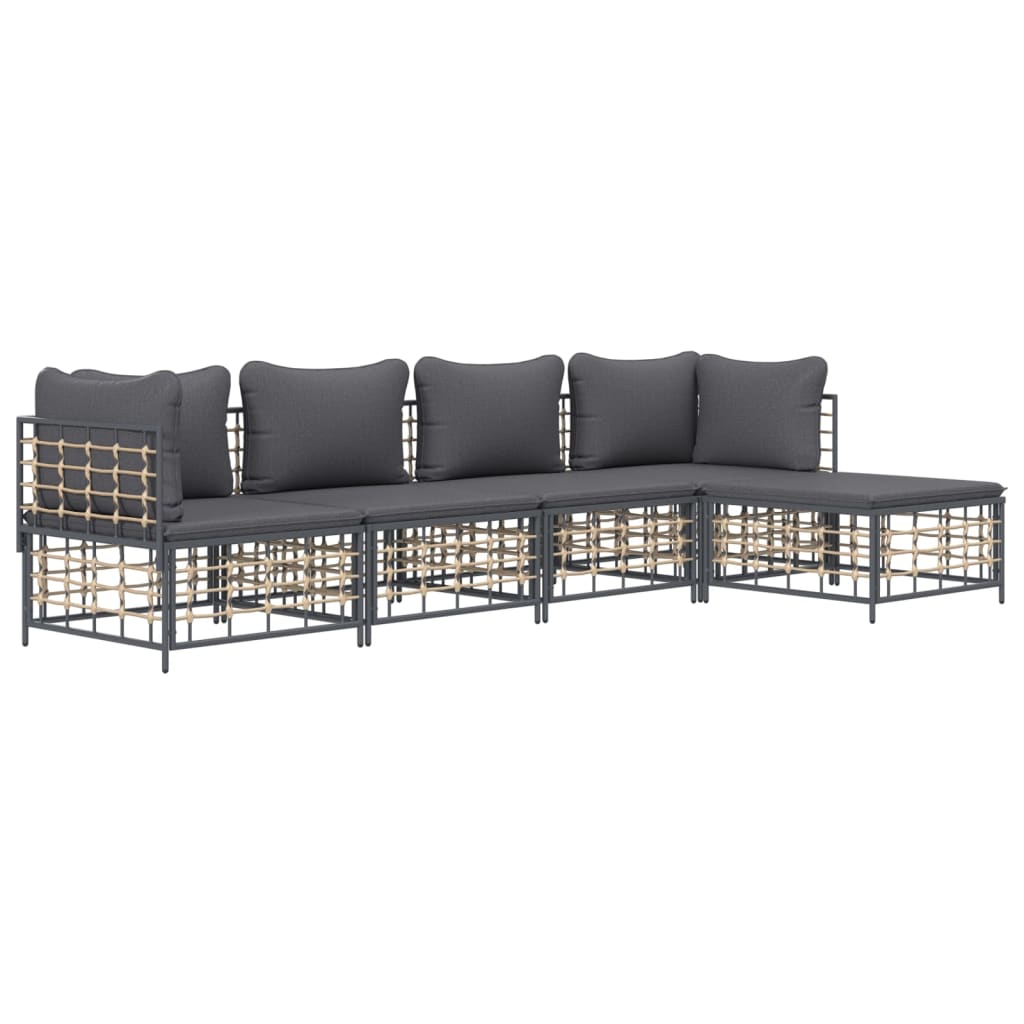 5 pcs conjunto lounge de jardim c/ almofadões vime PE antracite