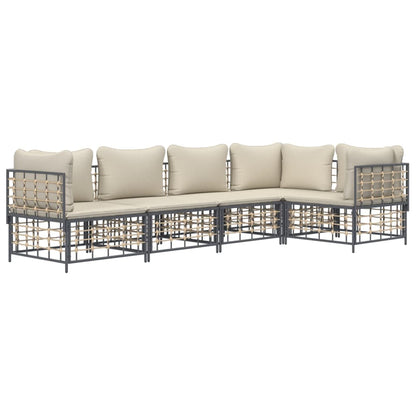 5 pcs conjunto lounge de jardim c/ almofadões vime PE antracite