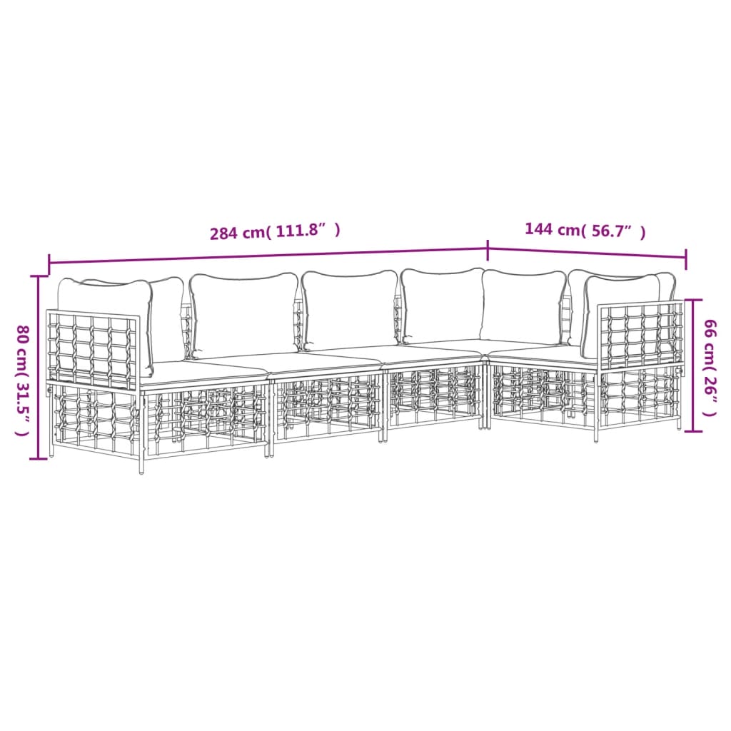 5 pcs conjunto lounge de jardim c/ almofadões vime PE antracite