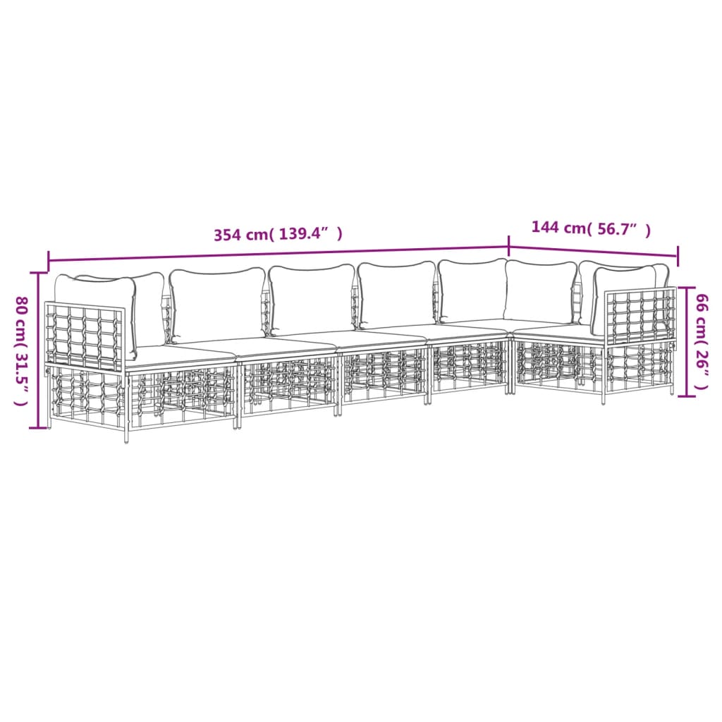 6 pcs conjunto lounge de jardim c/ almofadões vime PE antracite