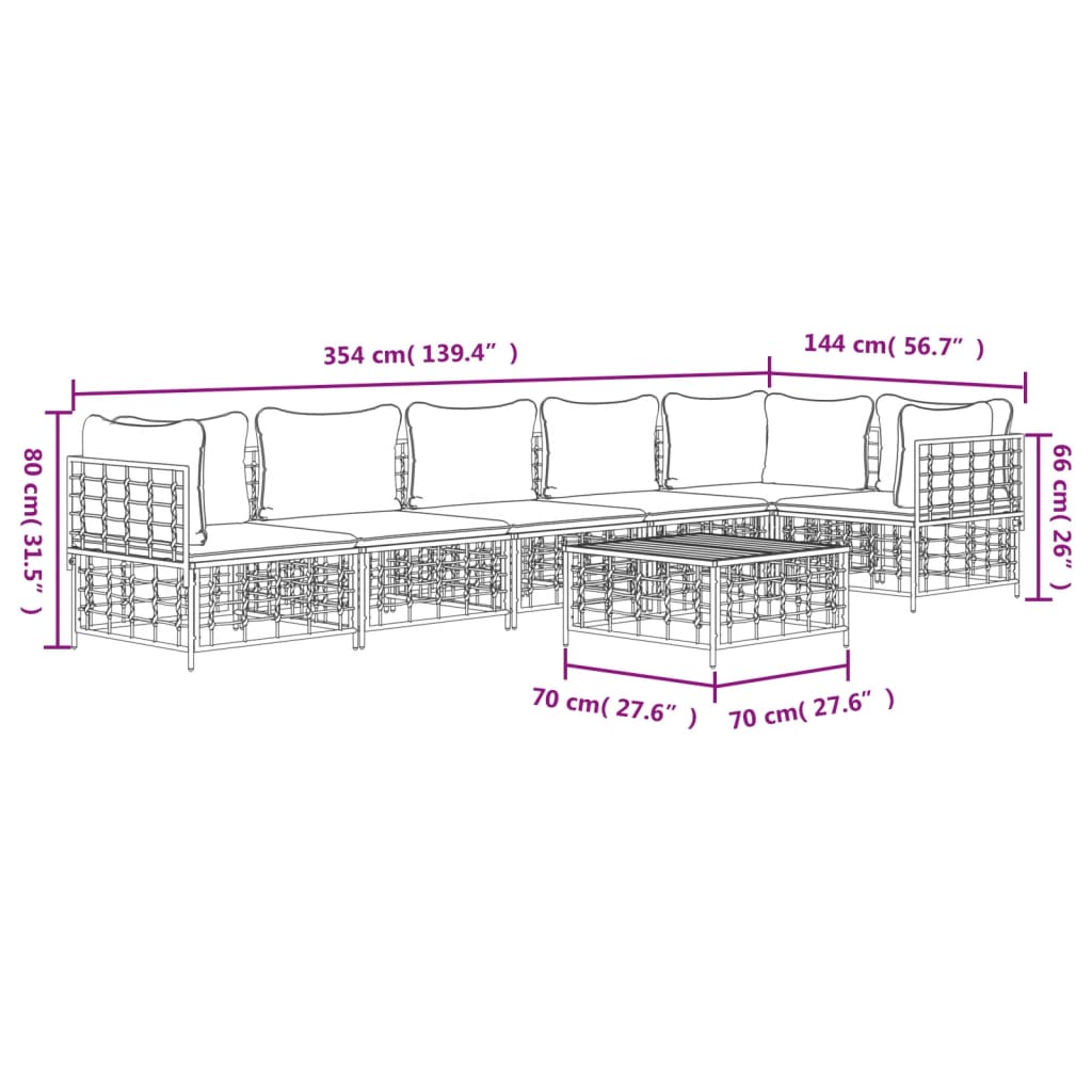 7 pcs conjunto lounge de jardim c/ almofadões vime PE antracite