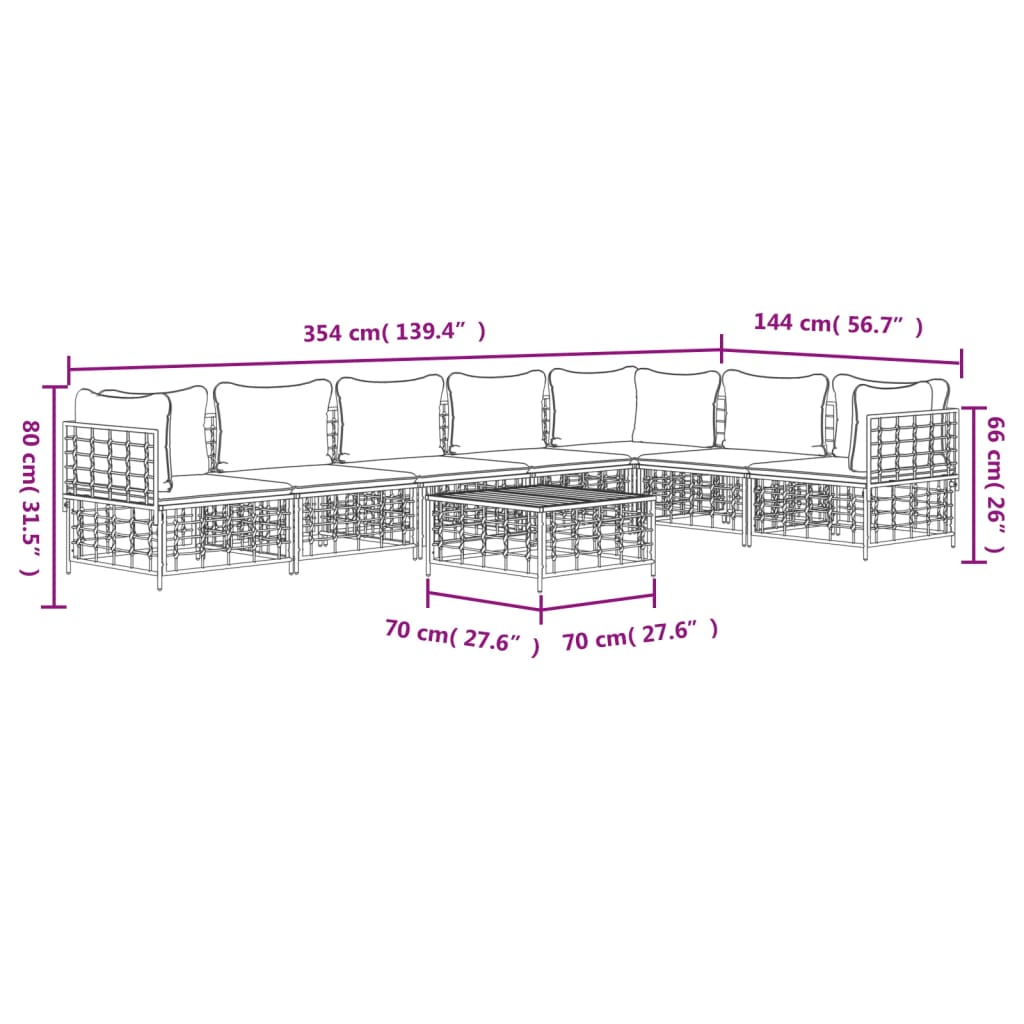 8 pcs conjunto lounge de jardim c/ almofadões vime PE antracite