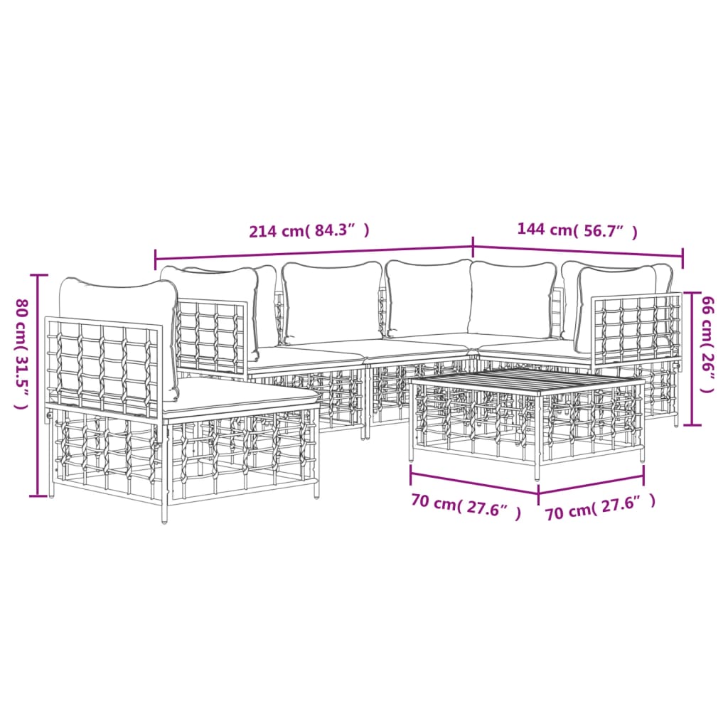 6 pcs conjunto lounge de jardim c/ almofadões vime PE antracite