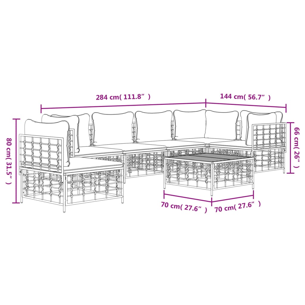 7 pcs conjunto lounge de jardim c/ almofadões vime PE antracite