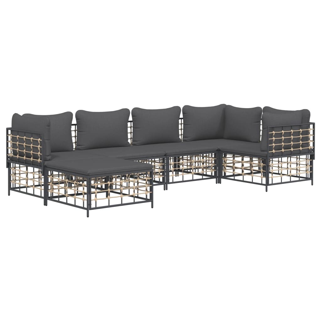 6 pcs conjunto lounge de jardim c/ almofadões vime PE antracite