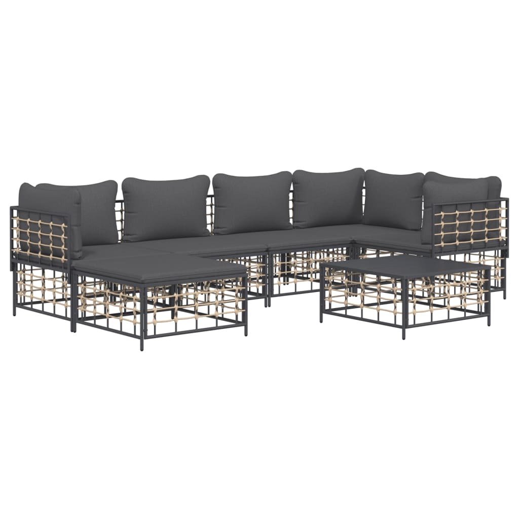 7 pcs conjunto lounge de jardim c/ almofadões vime PE antracite