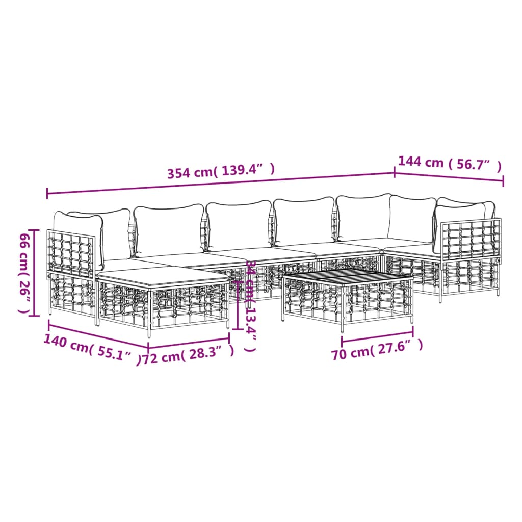 8 pcs conjunto lounge de jardim c/ almofadões vime PE antracite