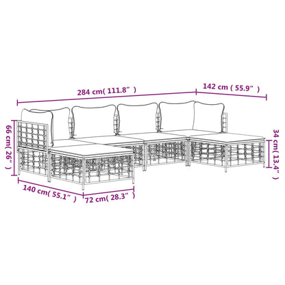 6 pcs conjunto lounge de jardim c/ almofadões vime PE antracite