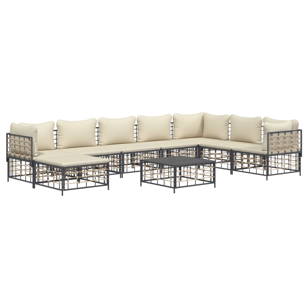 9 pcs conjunto lounge de jardim c/ almofadões vime PE antracite