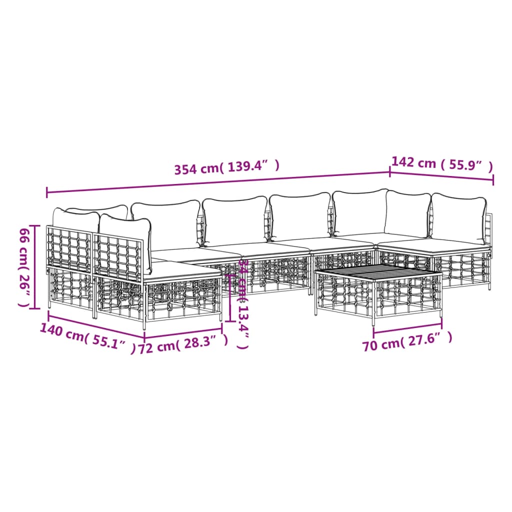 8 pcs conjunto lounge de jardim c/ almofadões vime PE antracite