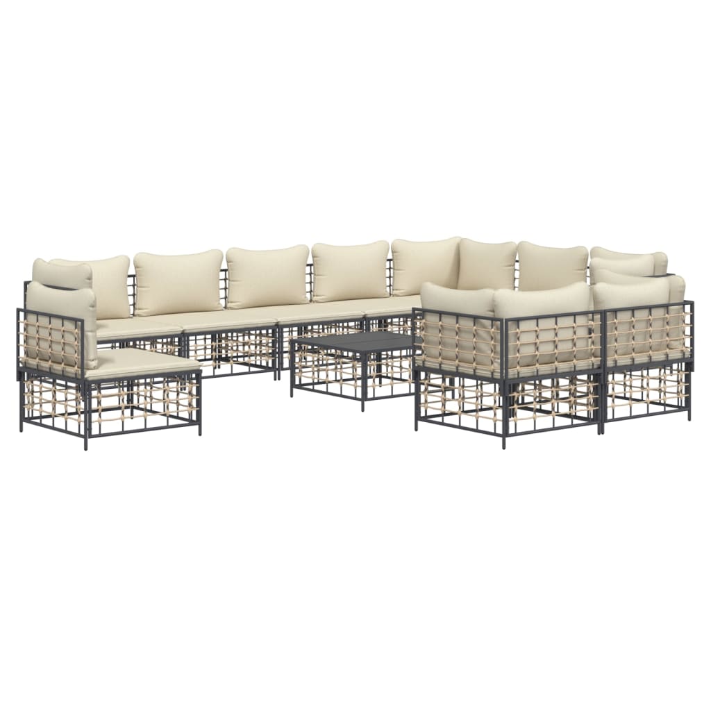 11pcs conjunto lounge de jardim c/ almofadões vime PE antracite