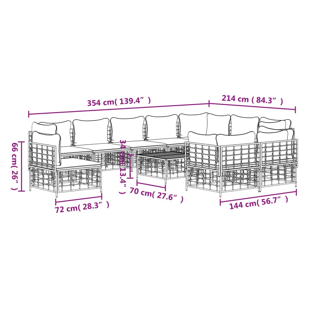 11pcs conjunto lounge de jardim c/ almofadões vime PE antracite