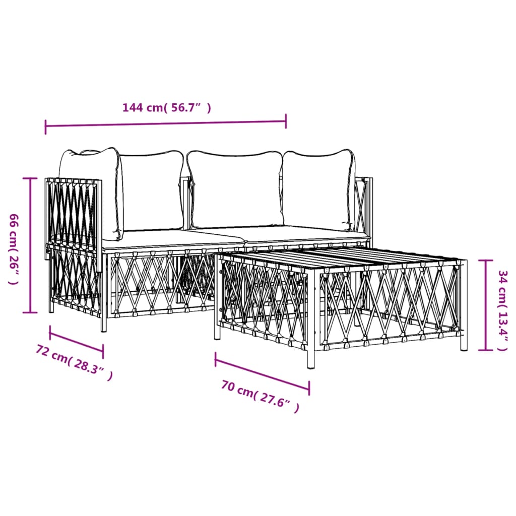 3 pcs conjunto lounge de jardim com almofadões aço branco