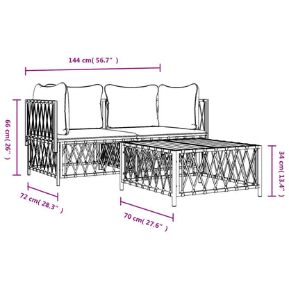 3 pcs conjunto lounge de jardim com almofadões aço branco